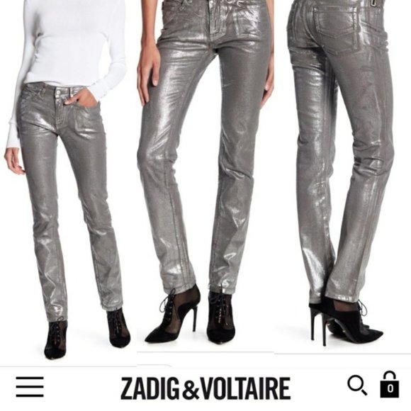 Zadig & Voltaire Denim - Zadig & Voltaire Eva Argent Deluxe Metallic Silver Coated Straight Leg Jeans 27